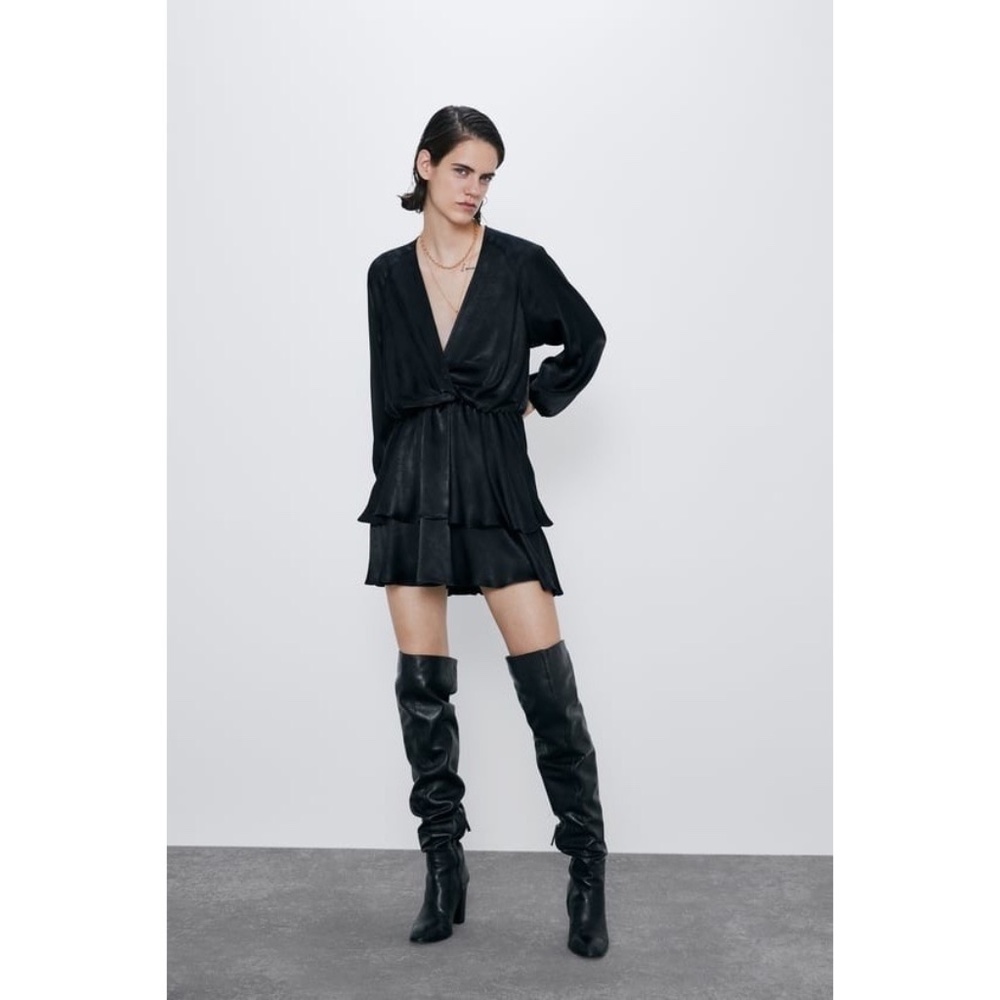 ZARA Black Satin Long Sleeve Dress Size XS